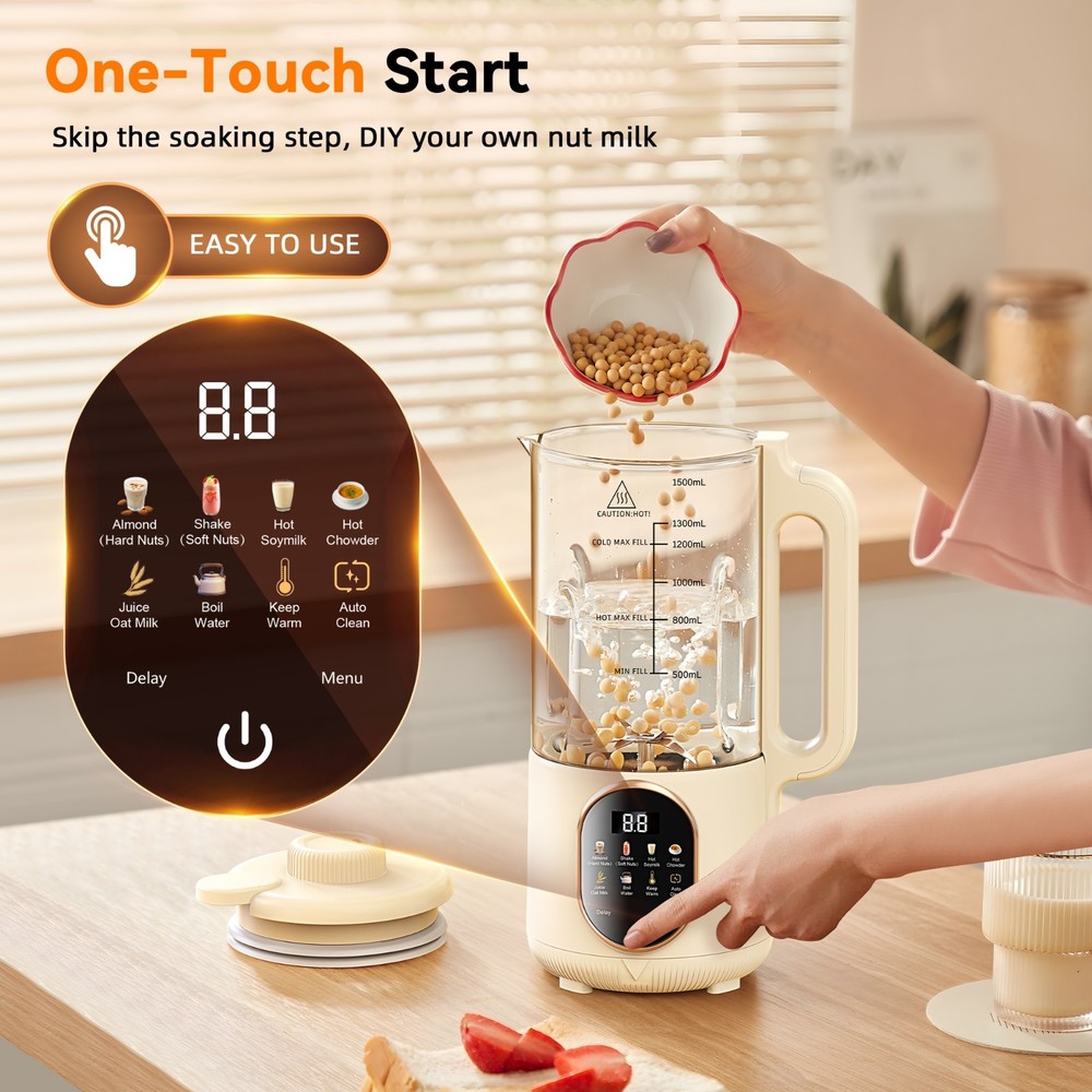 50oz Nut Milk Maker Automatic Soy Milk Machine Delay Start Keep Warm Auto Clear