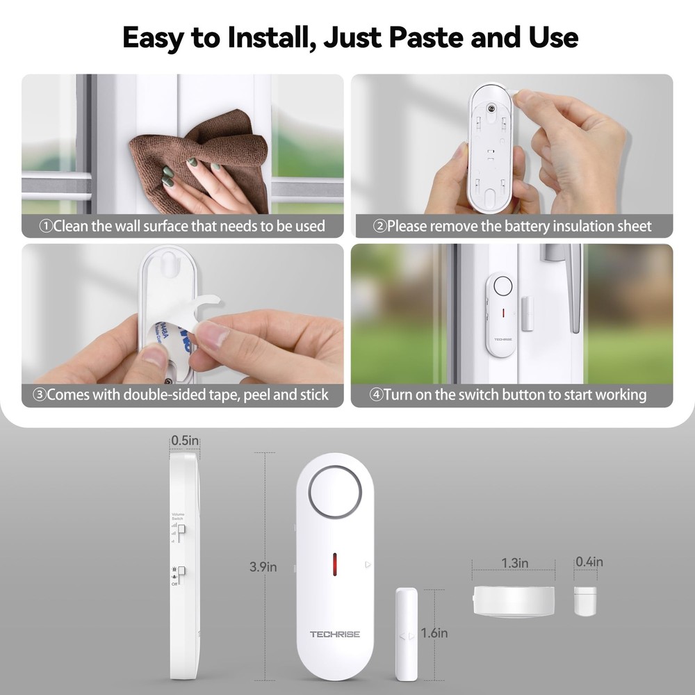 TechRise 2-in-1 Alarm & Chime, Easy-to-Install Door Sensor, White