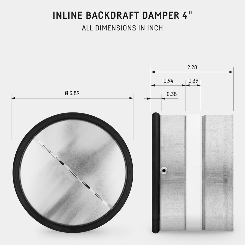 RKI 4" Inline Backdraft Damper, One-Way Airflow Check Valve for Ducting – Spr...