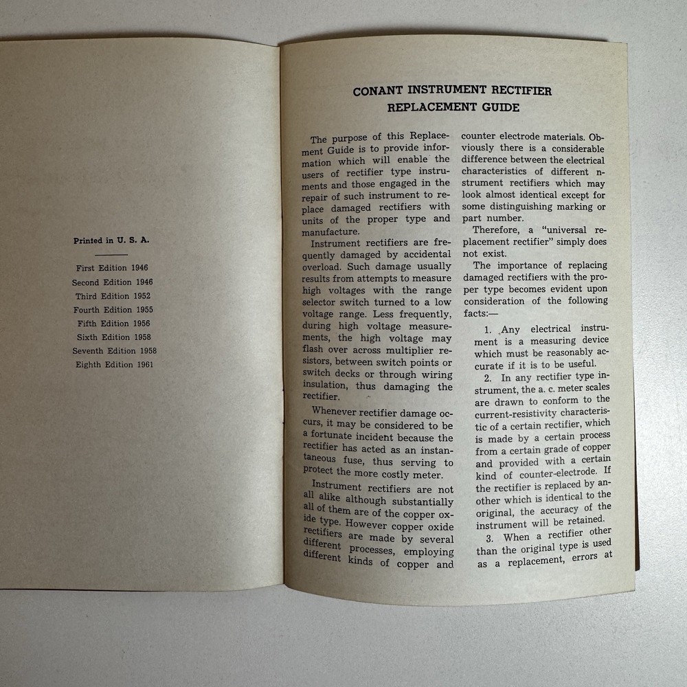 CONANT INSTRUMENT RECTIFIER REPLACEMENT GUIDE 1961 8th Edition Laboratories