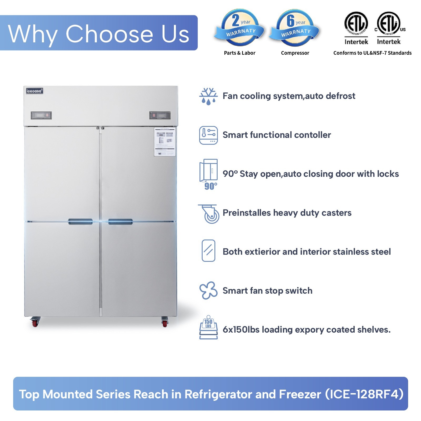 ICECASA 48" Commercial Refrigerator Freezer Combo Split Door 33 Cu.ft Stainless
