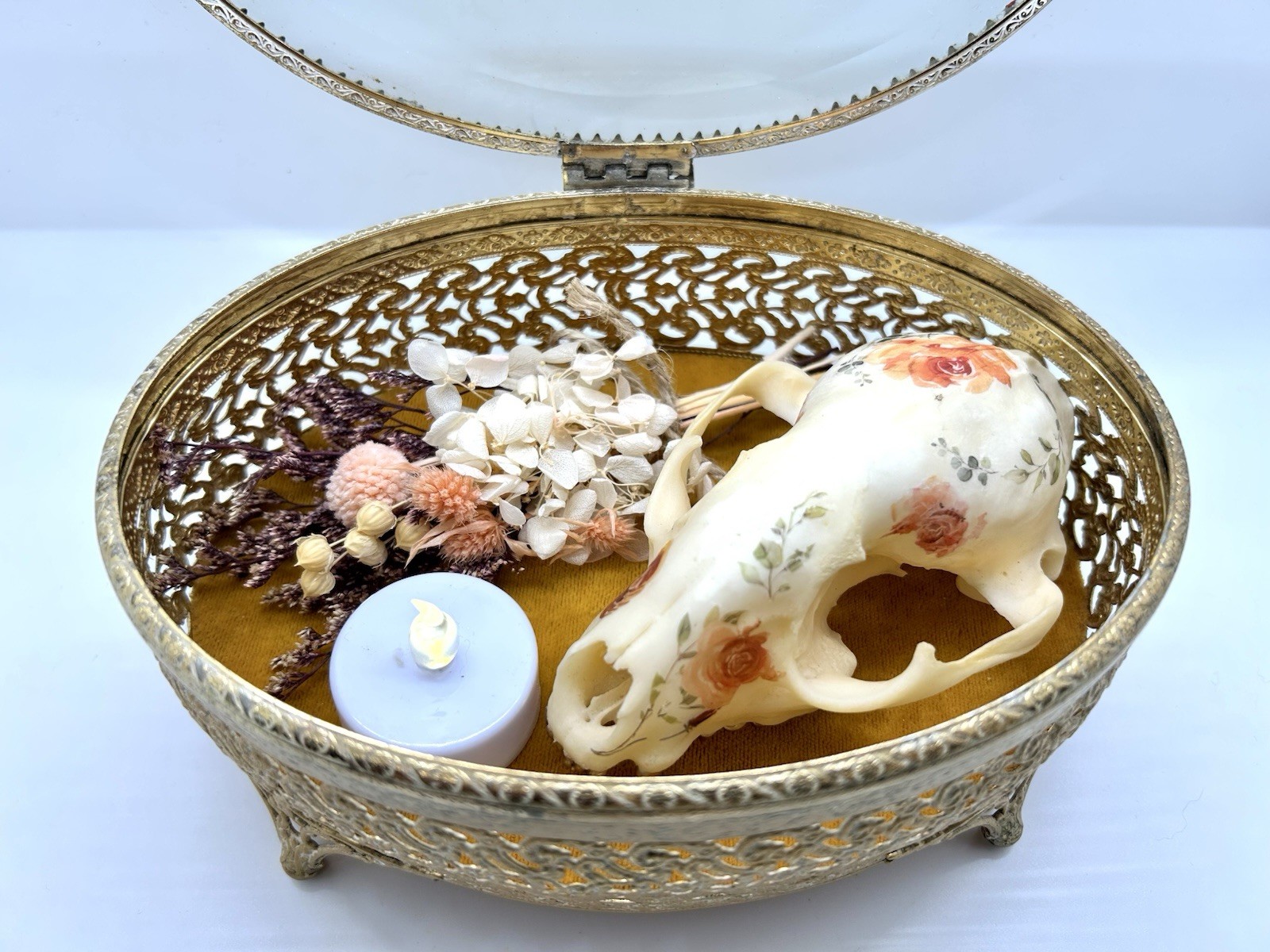 Embellished floral Raccoon Skull Vintage Ormolu/Casket Jewelry Box Dried Flowers