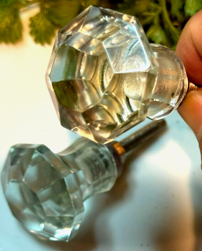 4; Glass Cabinet Knobs Clear Glass Drawer Pulls Depression Era Style w/Hardware