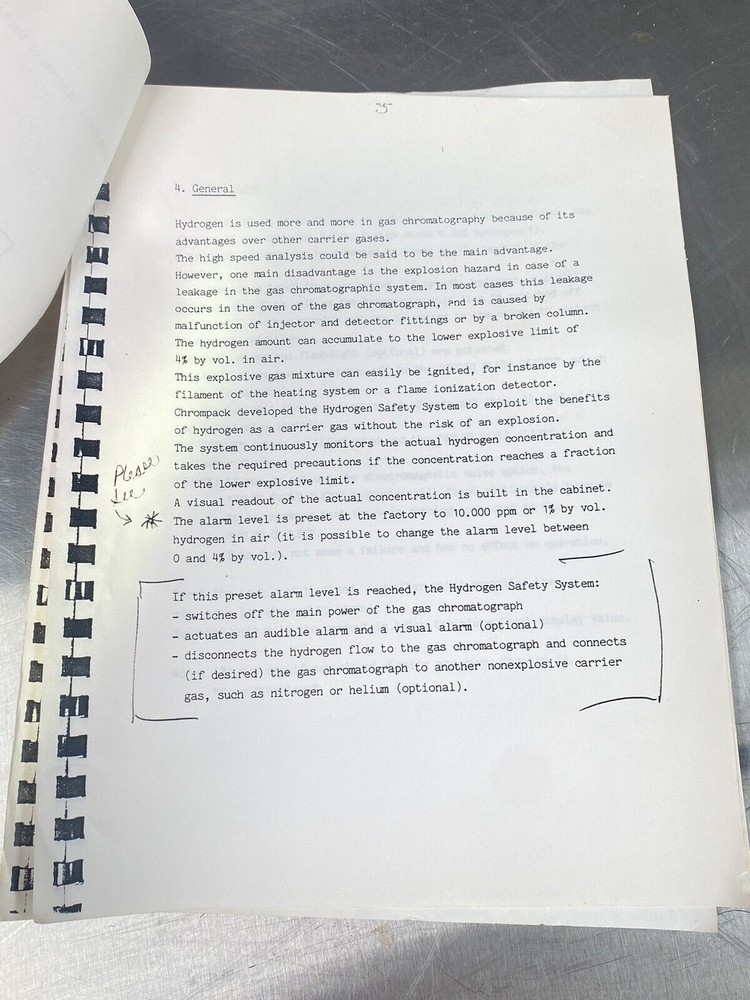 Chrompack Hydrogen Safety System Chromatography - Users Manual / Guide Book