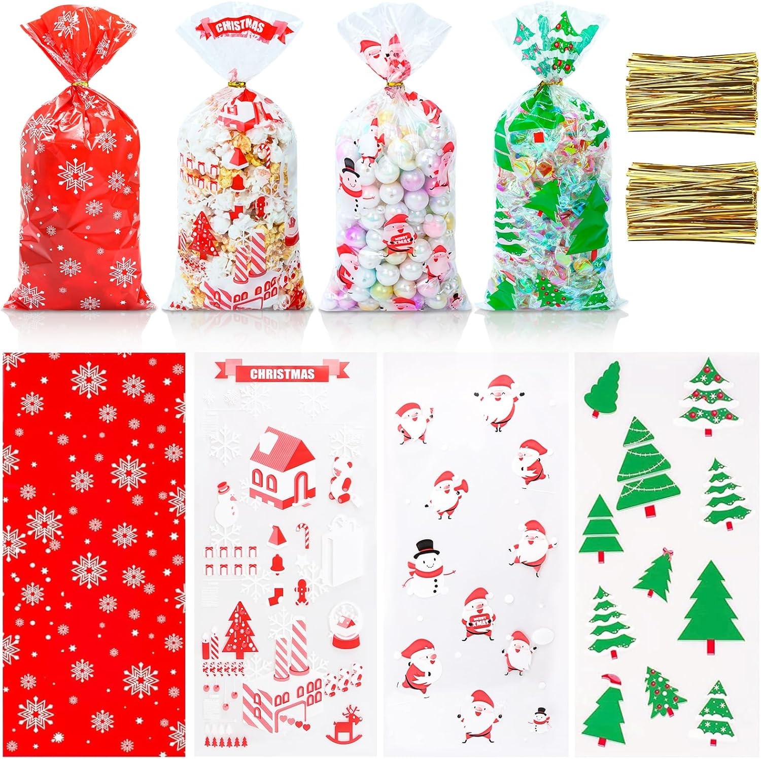 120 Pcs Christmas Cellophane Treat Bags Red Green Holiday Gift Cookie Wrap Sack