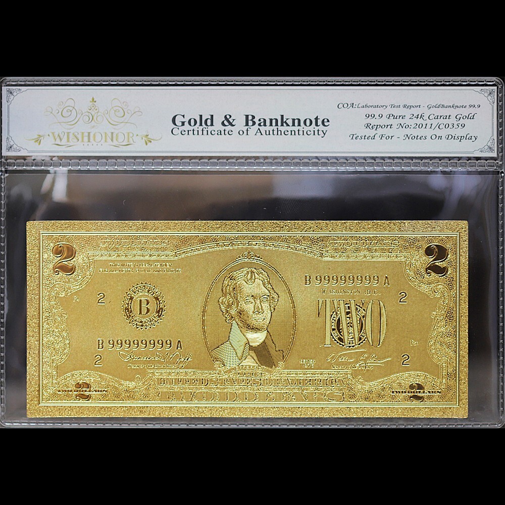 Gold 1976 $2 Two Dollars Banknote Collectible with Bag & Certificate