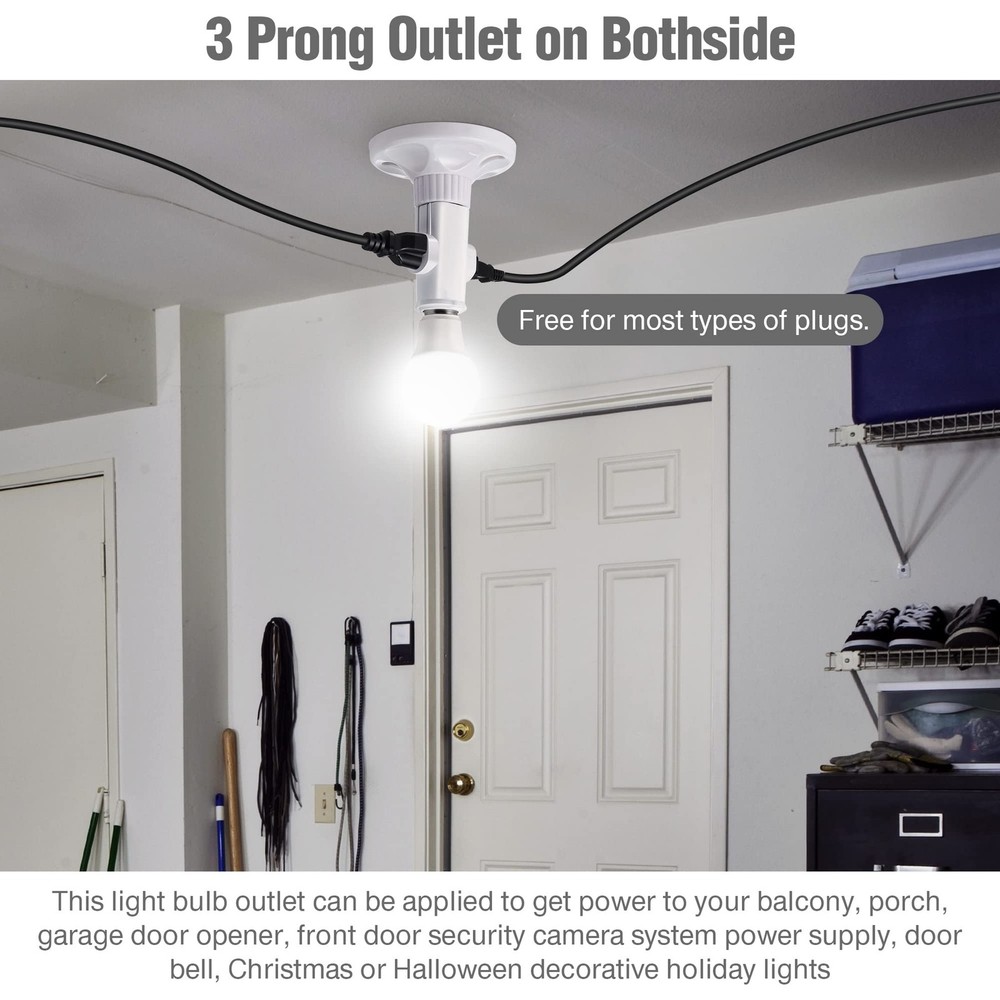 3 Prong E26 Light Socket to Plug Adapter, White Heat Resistant Silver