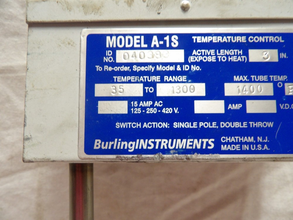 Burling Instruments A-1S Temperature Control Switch Temp Set 1300F
