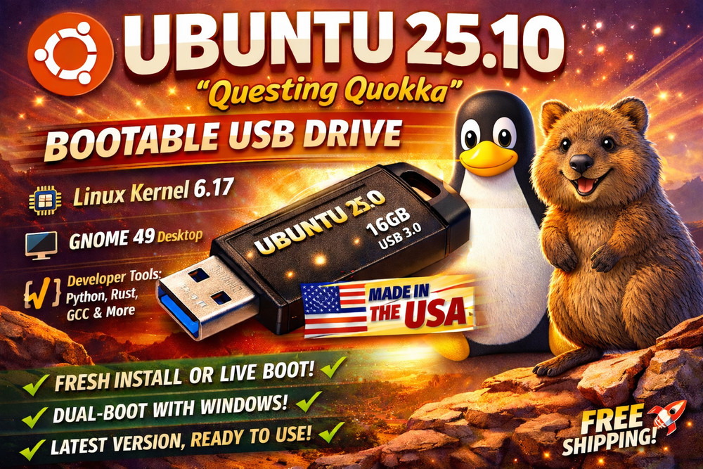 Ubuntu 25.10 Questing Quokka - Latest Version NEWEST Ubuntu Linux OS on USB Boot