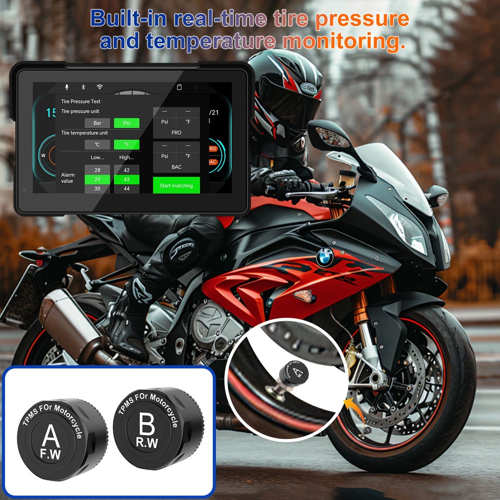 7" Motorcycle CarPlay Android Auto Stereo Remote Controller Dual 2K Dash Cam /BT