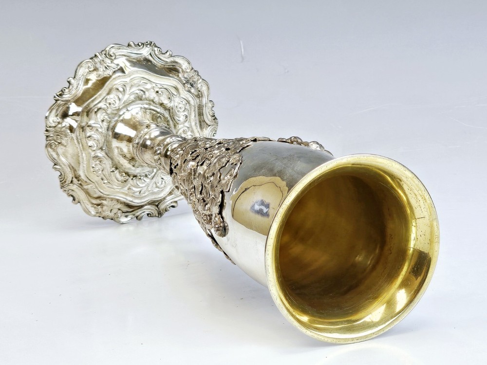 Large Rare 19C Russian Repousse Silver Vase Goblet