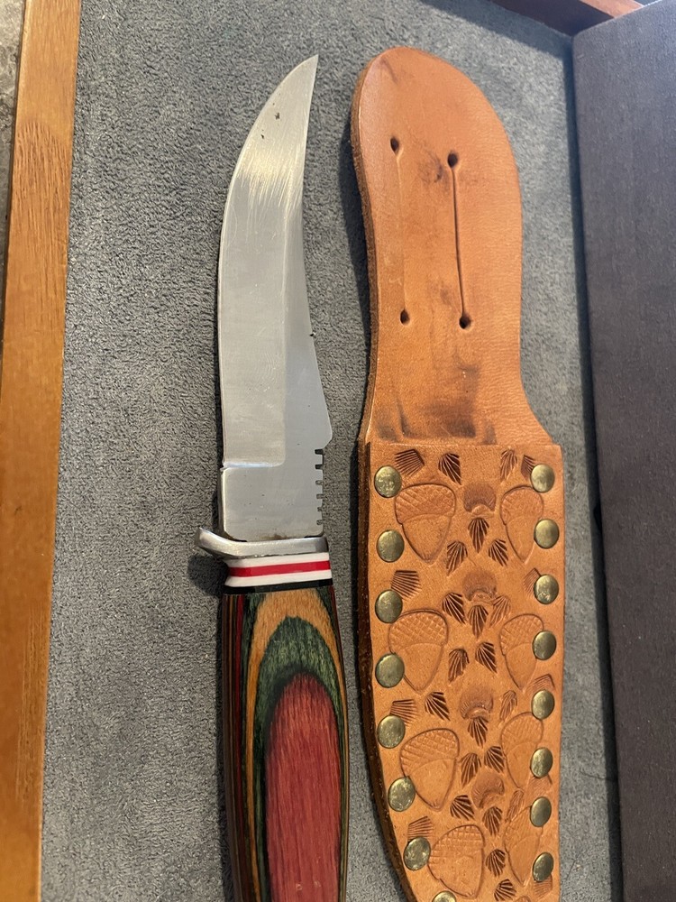 Custom handmade laminate handle hunter with custom leather sheath--1785.23