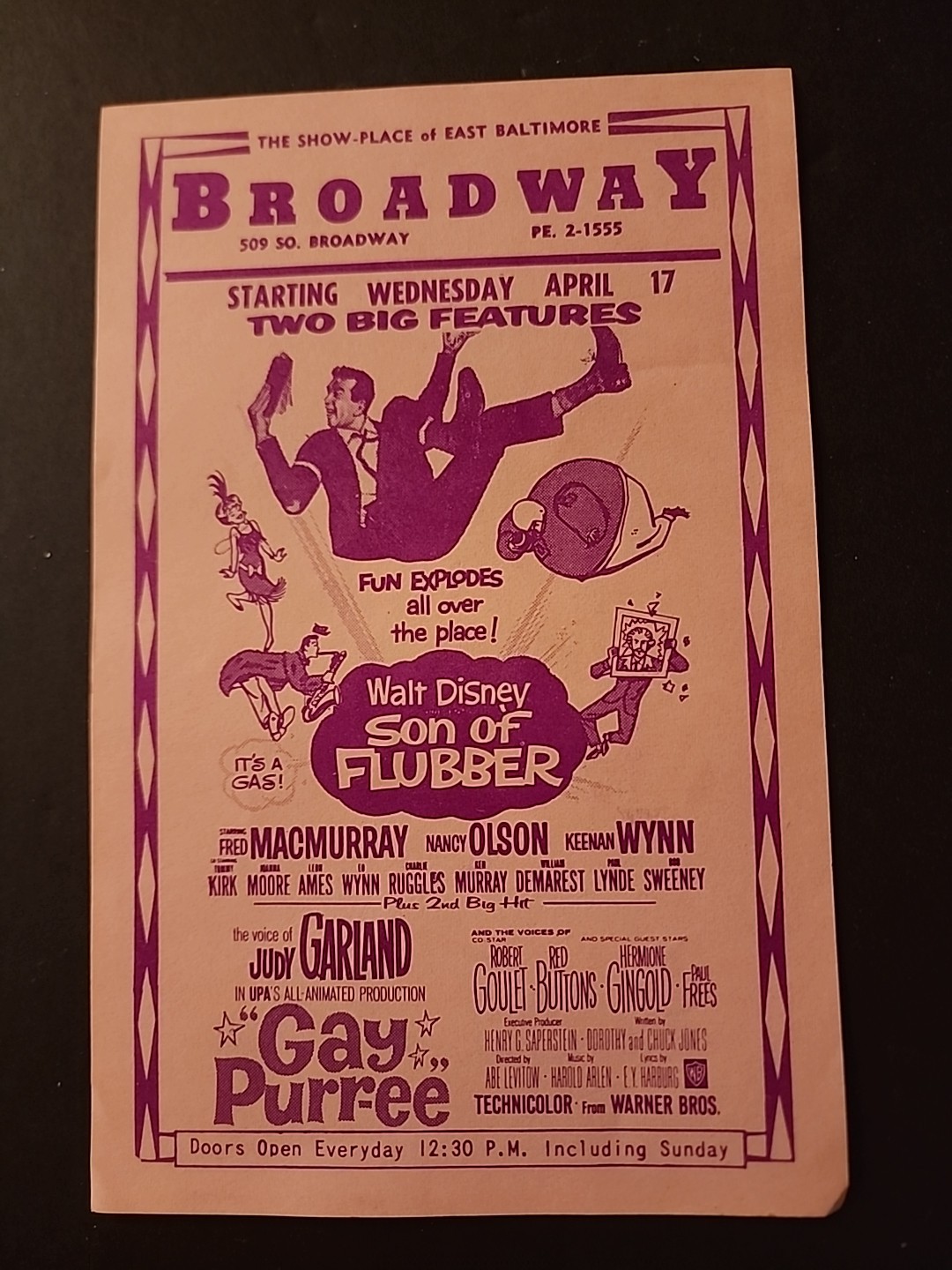 1962 JUDY GARLAND GAY PURREE & WALT DISNEY FRED MACMURRAY FLUBBER FLIER Herald