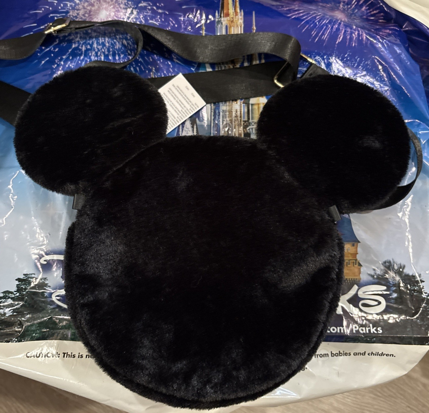 2025 Disney Parks Mickey Mouse Head Happily Ever After Plush Crossbody Black Bag