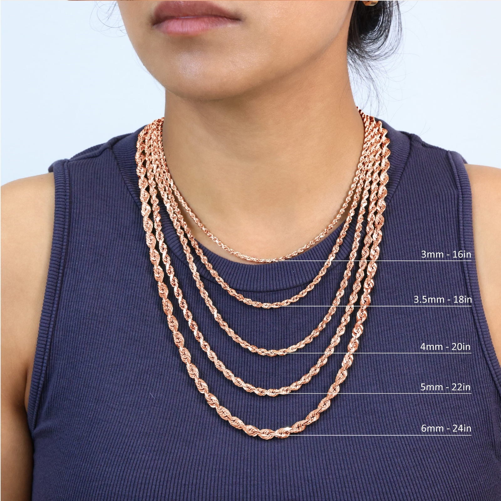 10K Rose Gold 1.5mm-6mm Diamond Cut Rope Chain Necklace Mens Womens 16"-30"