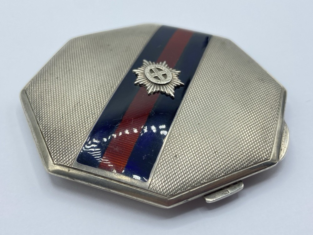 WW2 Silver Hallmarked & Guilloché Enamel Coldstream Guards Sweetheart Compact