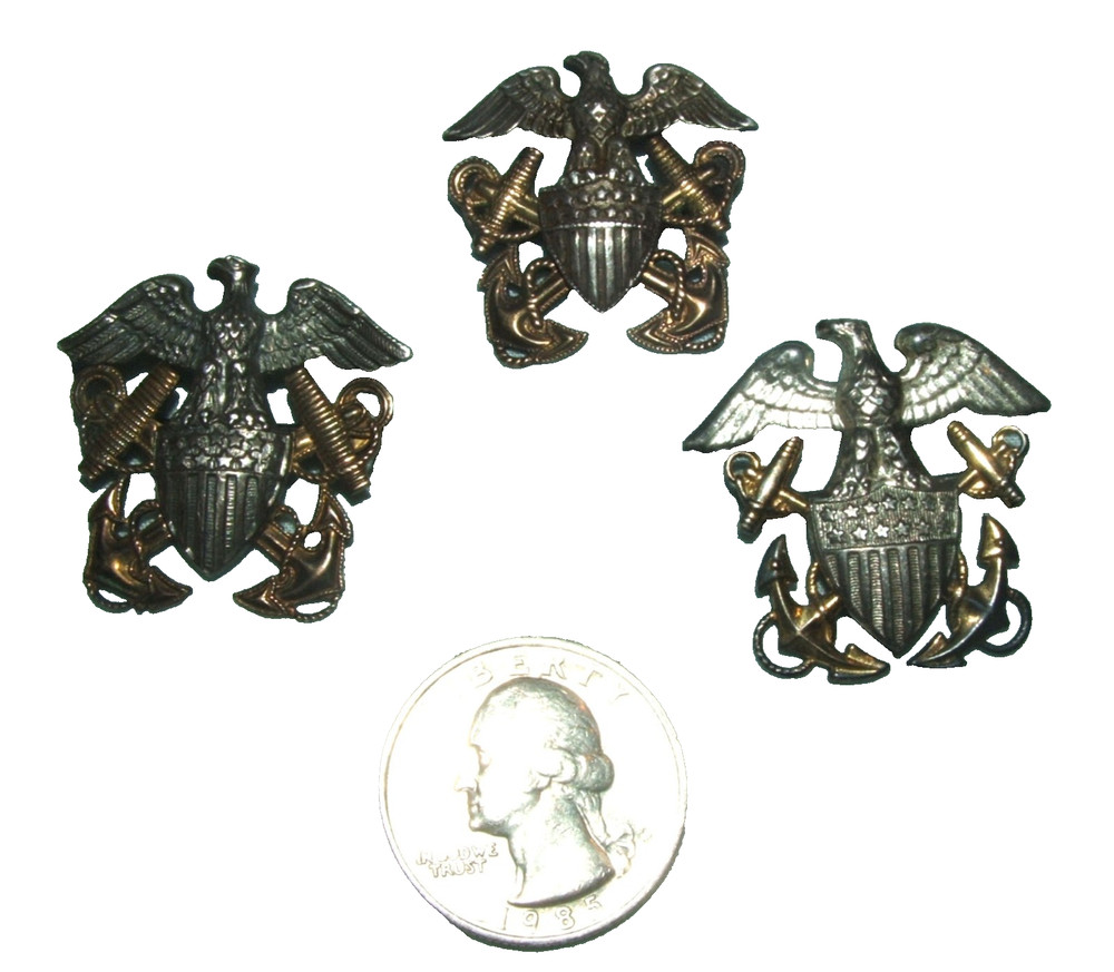3 Different U.S. Navy Officer Cap Pins, Pinback, Sterling