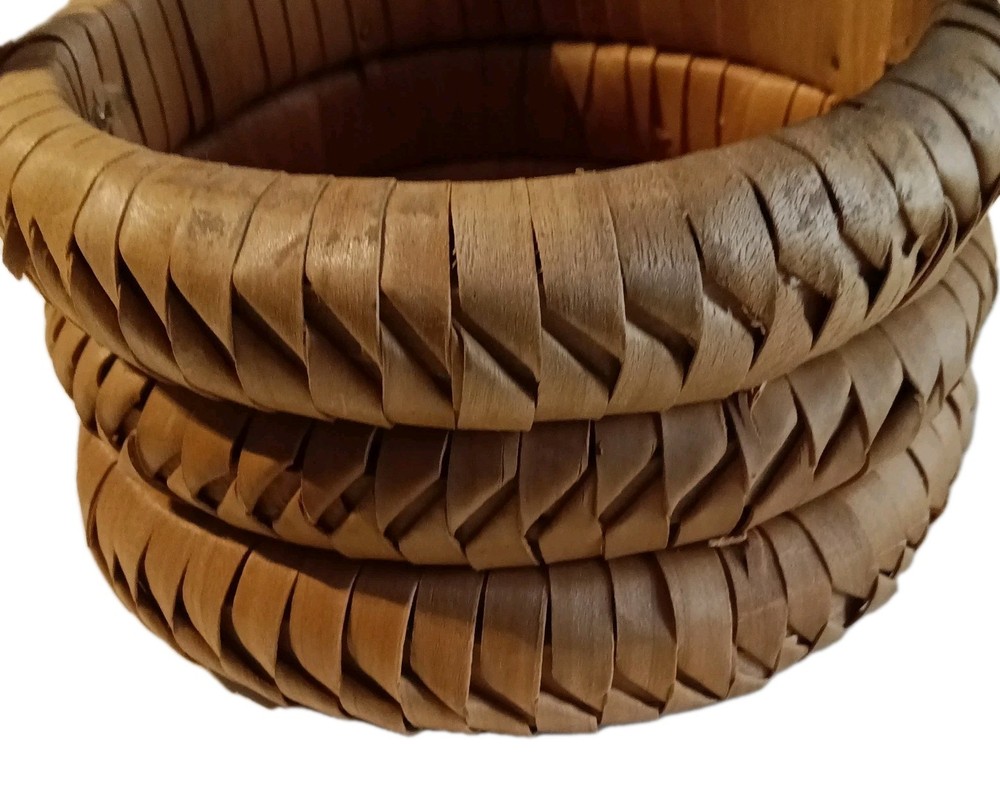 Small Vintage Bamboo Basket Triple Coils w/Handle Easter Round Boho