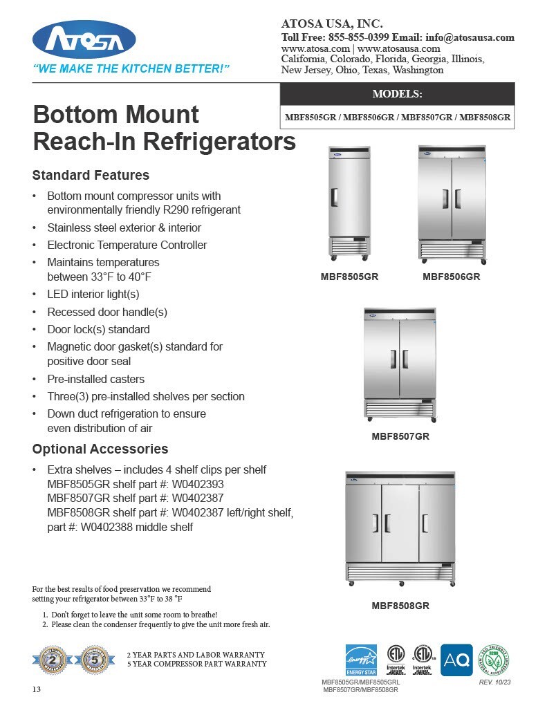 Atosa MBF8505GR, Bottom Mount 1-Door REFRIGERATOR