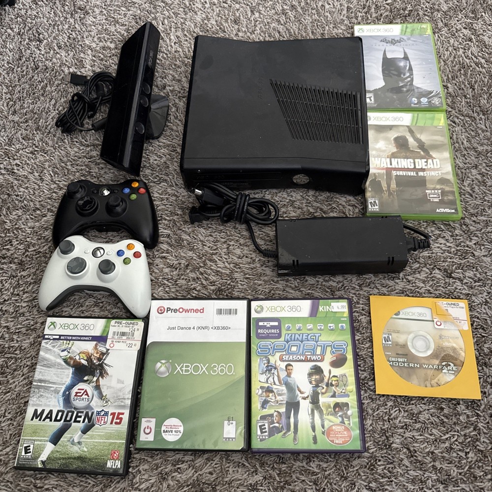 XBox 360 Slim Bundle 120GB, 6 Games, Power Cable, 2 Controllers, Kinect TESTED