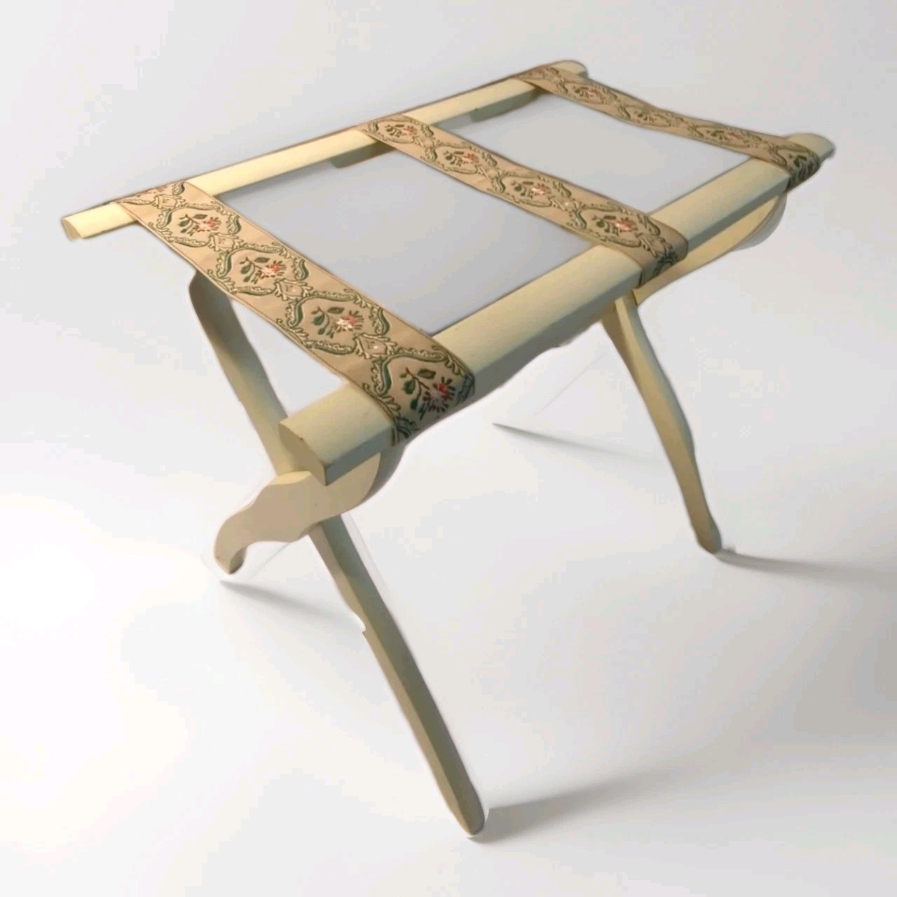 Vtg Scheibe Wood Folding Luggage Suitcase Rack Hotel Stand Tapestry Straps Ivory