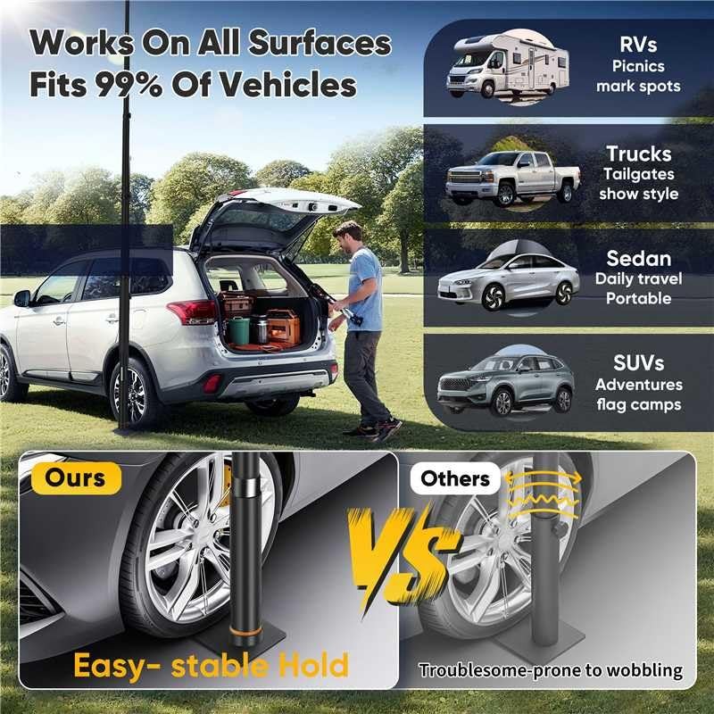 20FT Tailgate Flag Pole with Tire Mount, Fit Tailgate Flagpole Kit