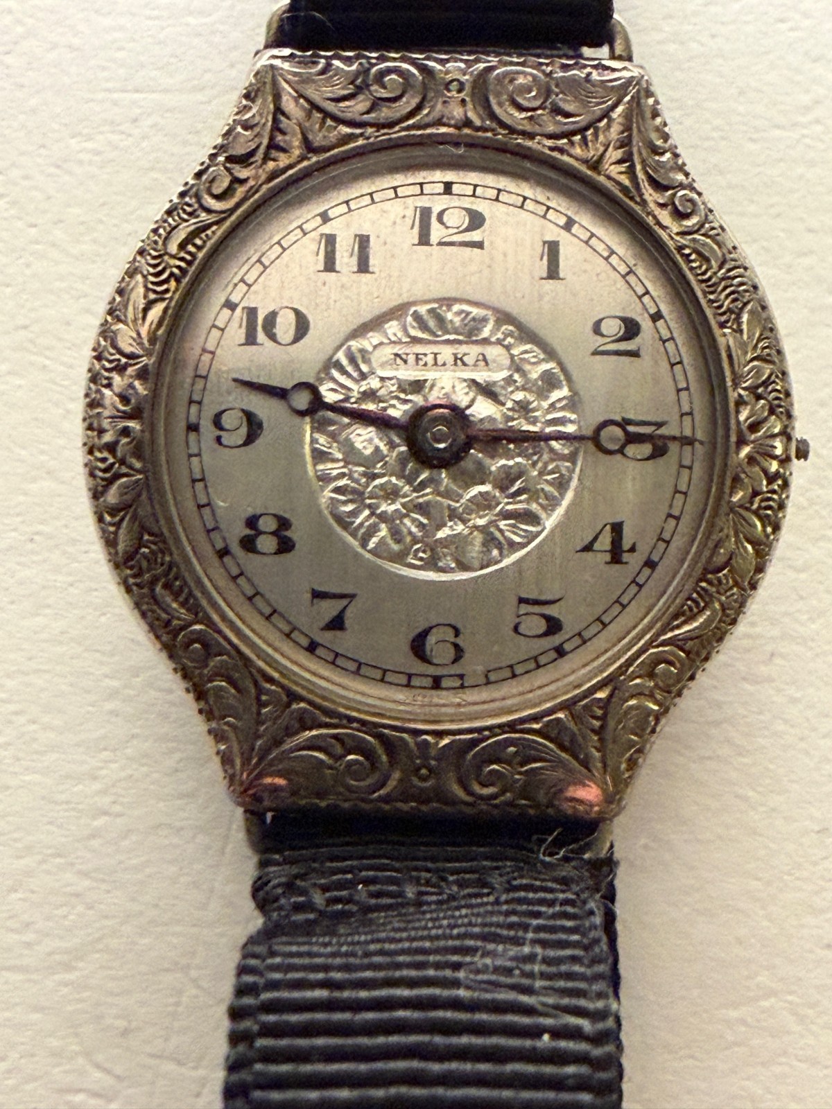 Original Art Deco Nelka Watch 1920's - Engraved Floral Pattern Face -White Gold