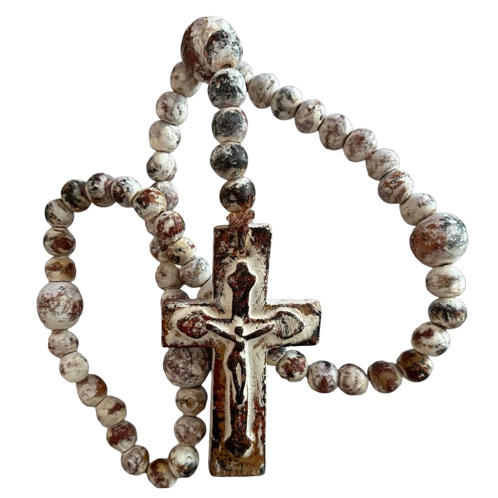 Handmade Stoneware Clay Rosary Cross & Beads 26” Rustic Ranch Home Decor