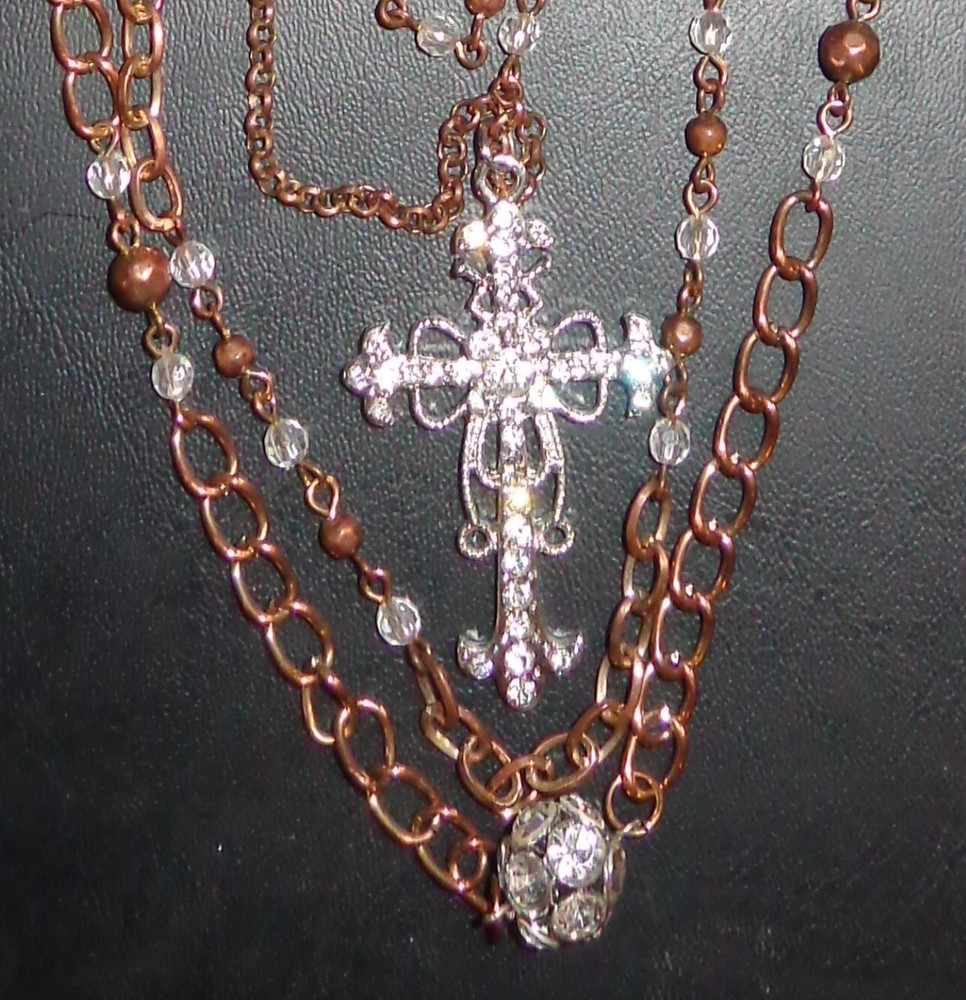 RELIGIOUS COPPER? MULTICHAIN CRYSTALS ORNATE CROSS PENDANT STATEMENT NECKLACE