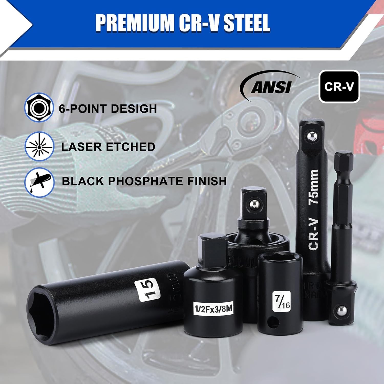 3/8” Drive Impact Socket Set 50PCS Standard SAE(5/16”-3/4”)& Metric Size(8-22mm)