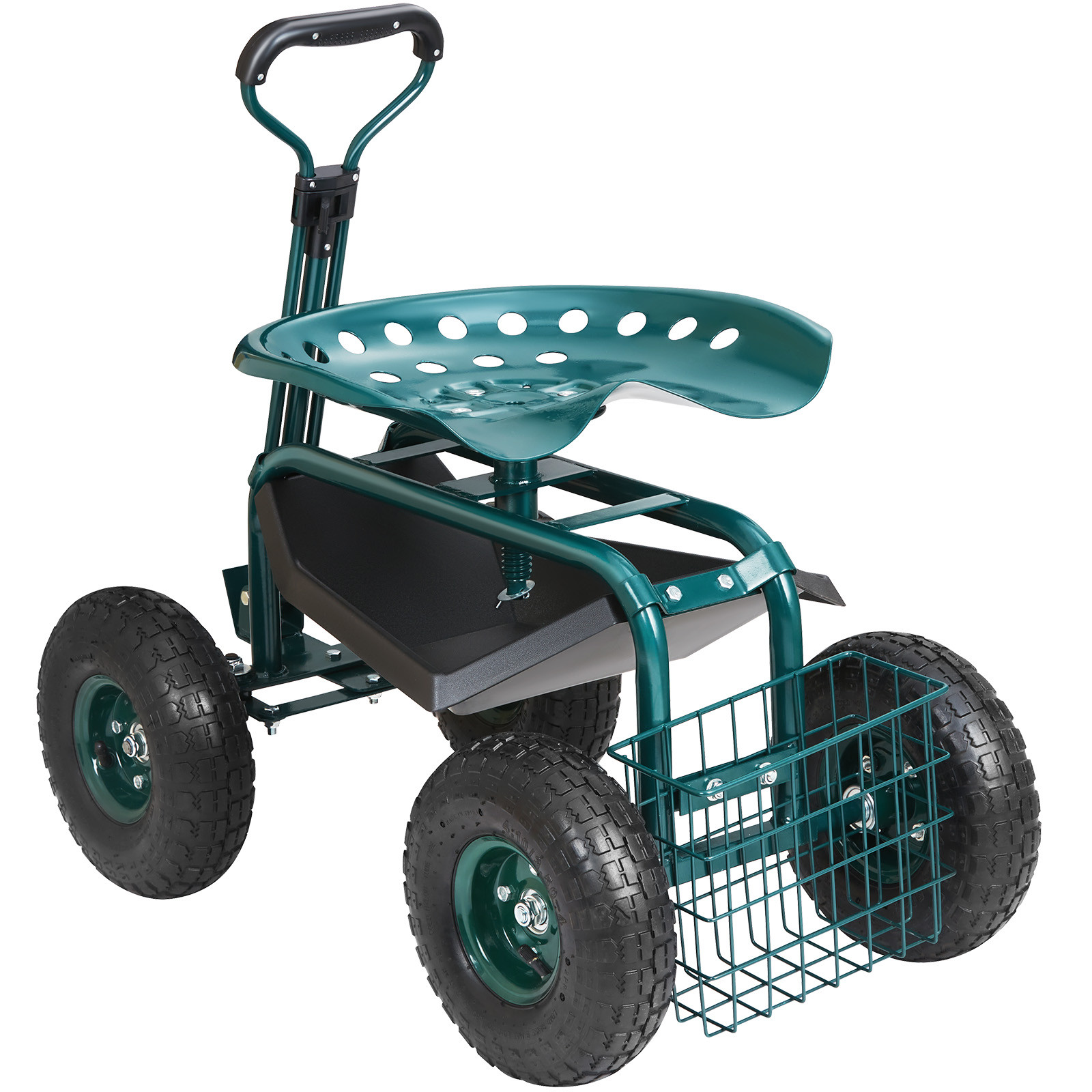 Rolling Garden Cart with Seat and Wheels Extendable Steer Handle Green