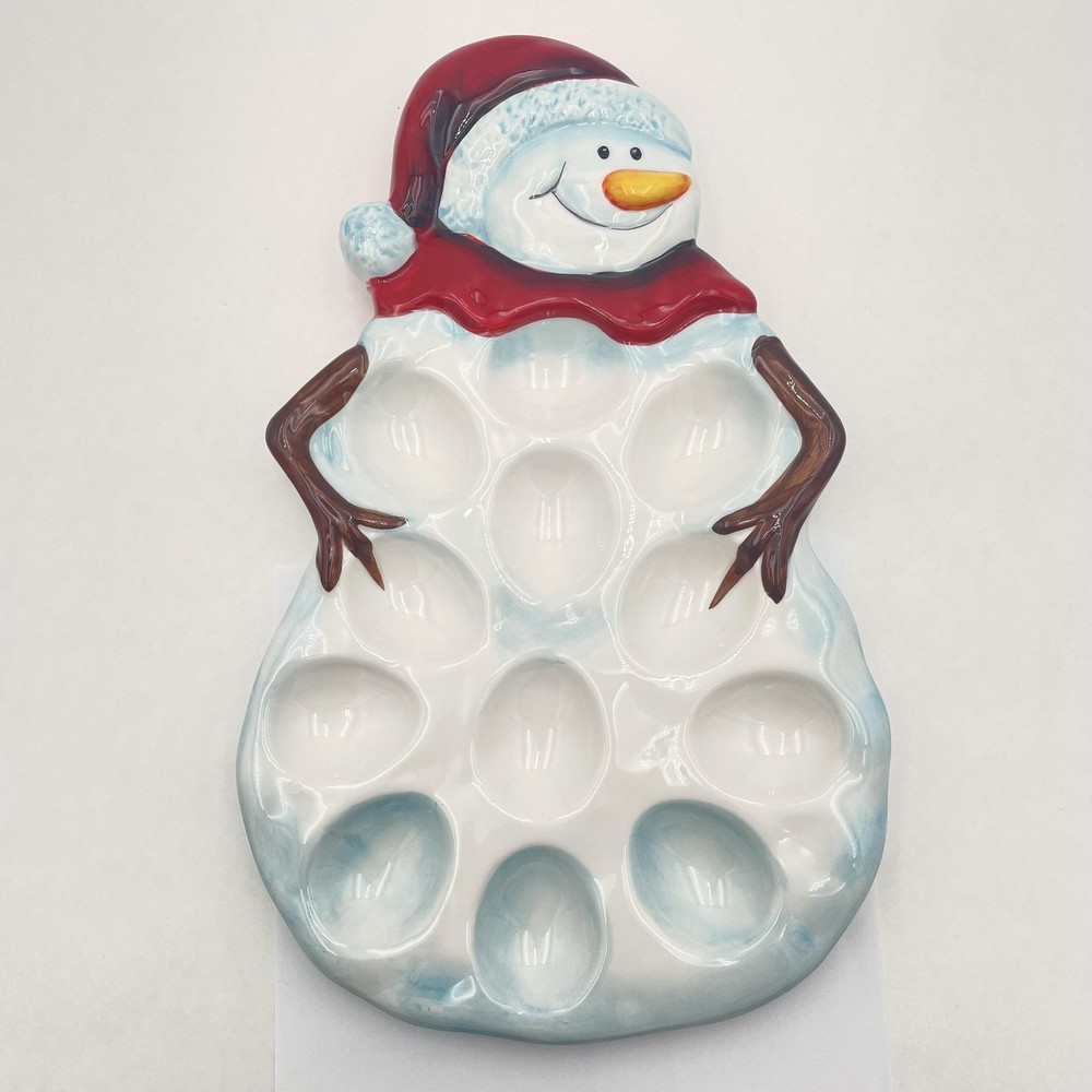 Tabletops Gallery Snowman Deviled Egg Platter Large Ceramic Christmas Multicolor