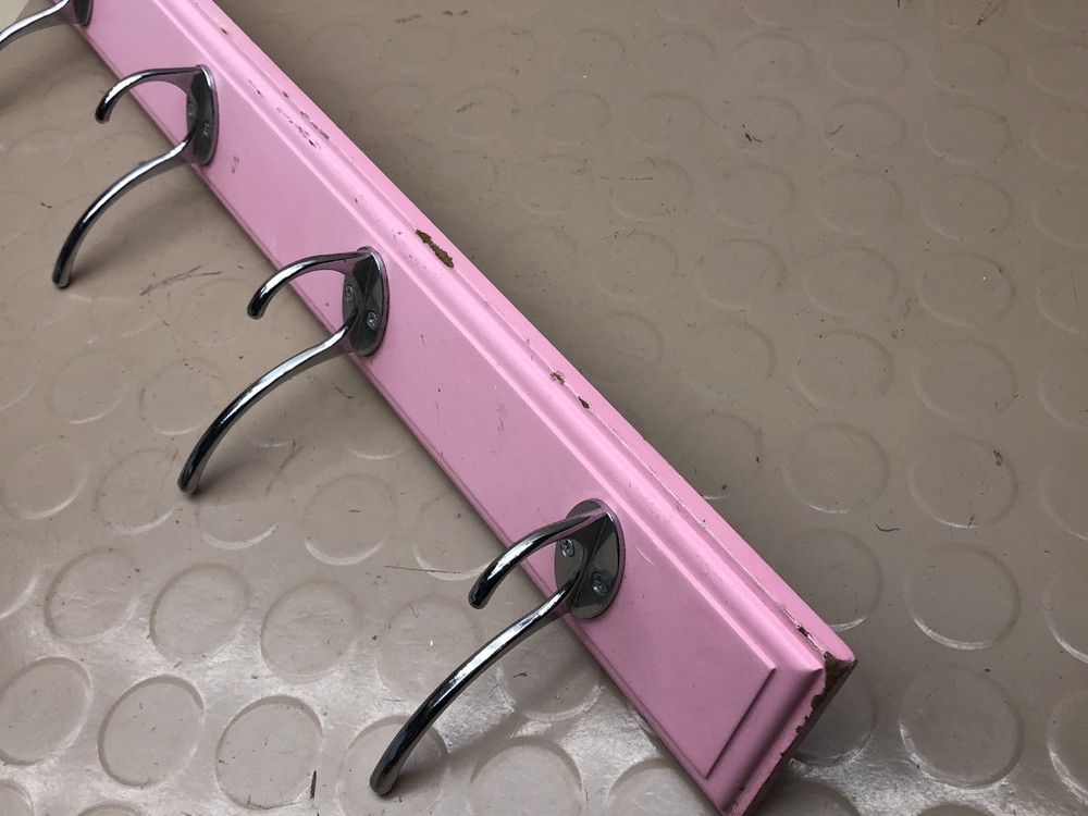 4 Chrome Hooks on Pink Wall Coat Rack