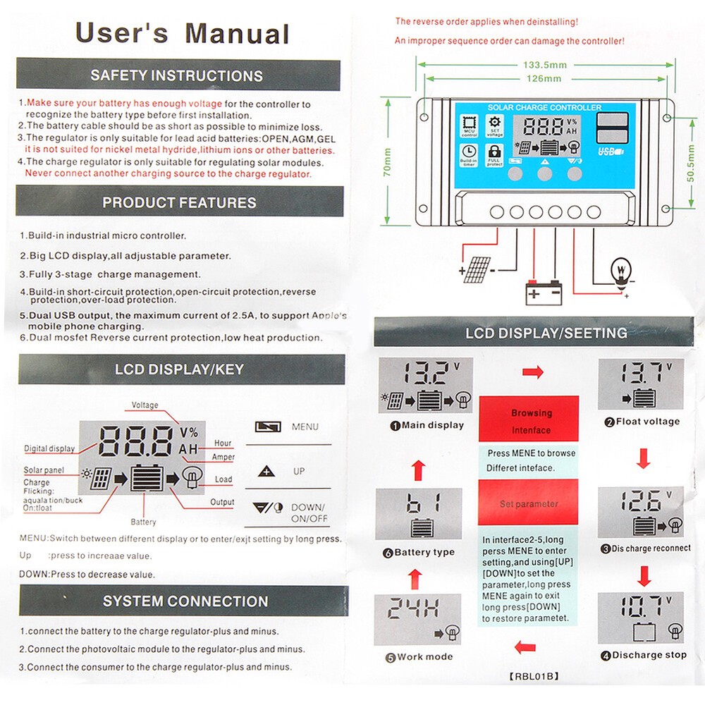 30A Solar Panel Battery Charge Controller 12V/24V LCD Regulator Auto Dual USB US