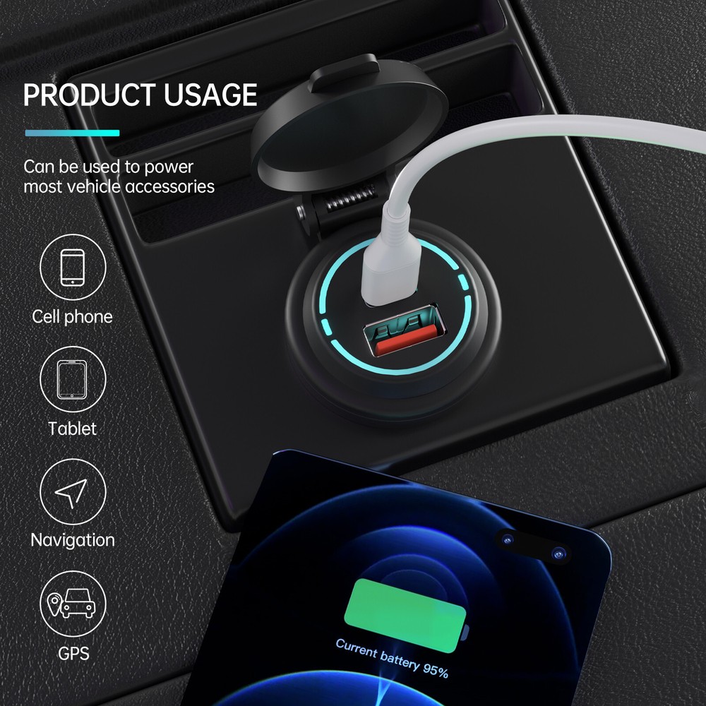 Motorcycle Charger Cigarette Lighter Socket 2 USB Type-C Charging Power Outlet