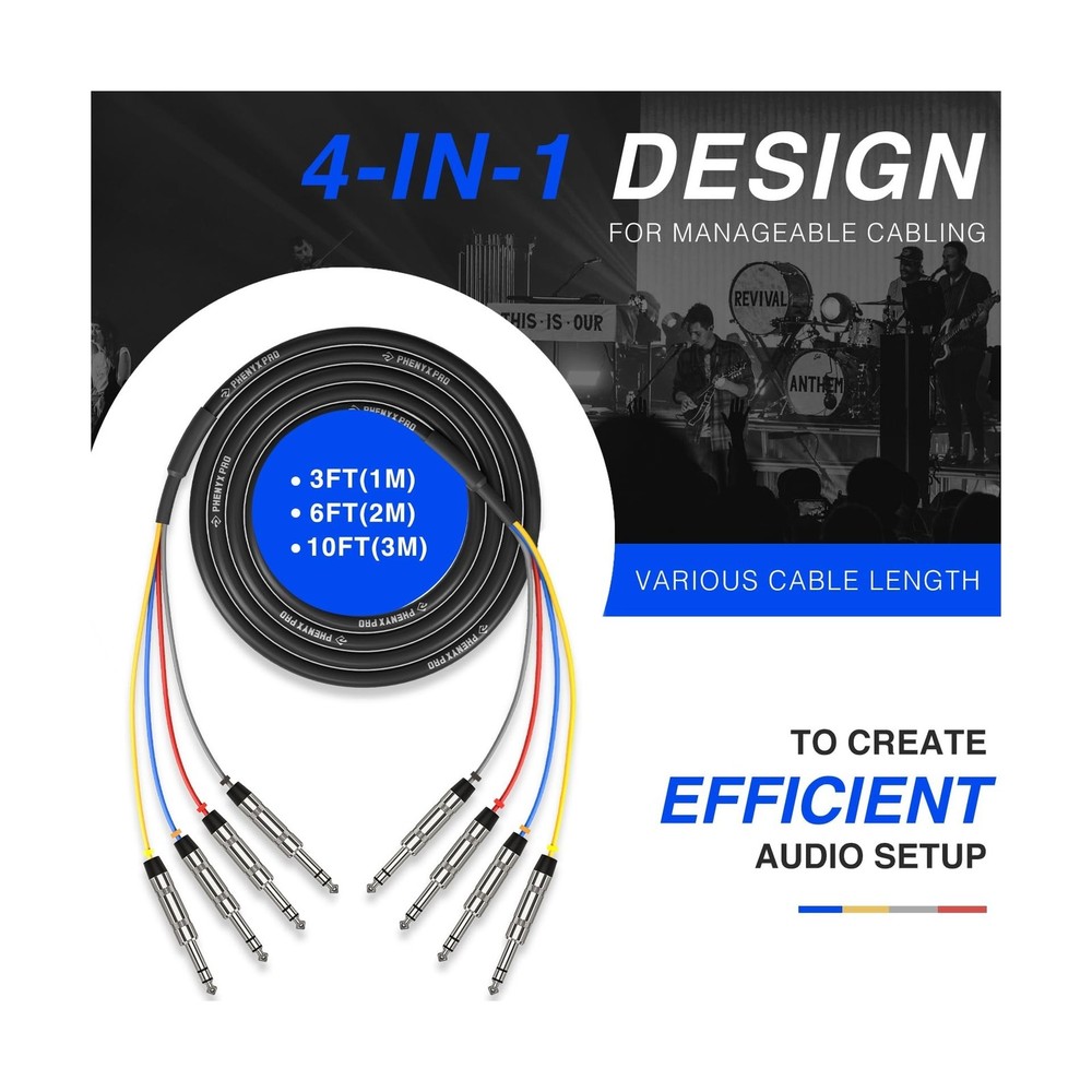 Phenyx Pro 10 Ft TRS Snake Cable, 1/4" Cable, Color-Coded TRS Patch... Fast Ship