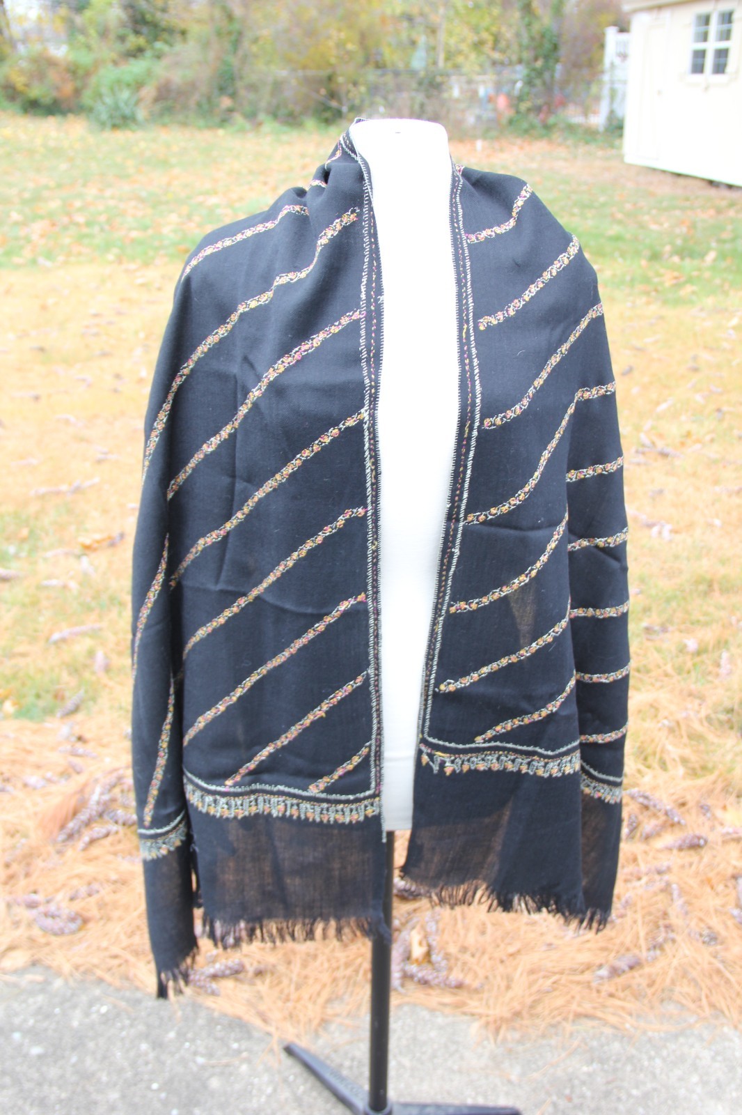 Wool Large Throw/Shawl Black Embroidered Trim and Fringe 76"x25"