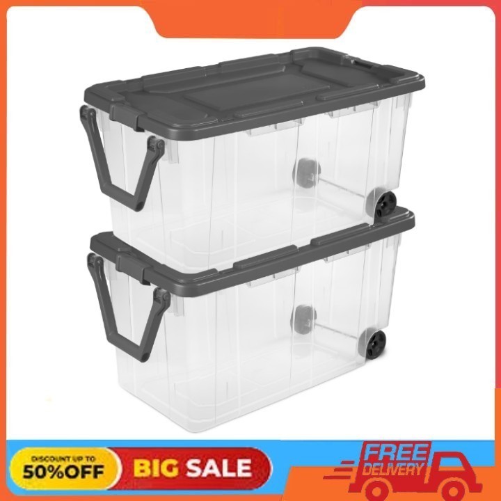 Sterilite 160 Quart Wheeled Stacker, Extra Large Durable Clear Bin, Gray, 2Ct