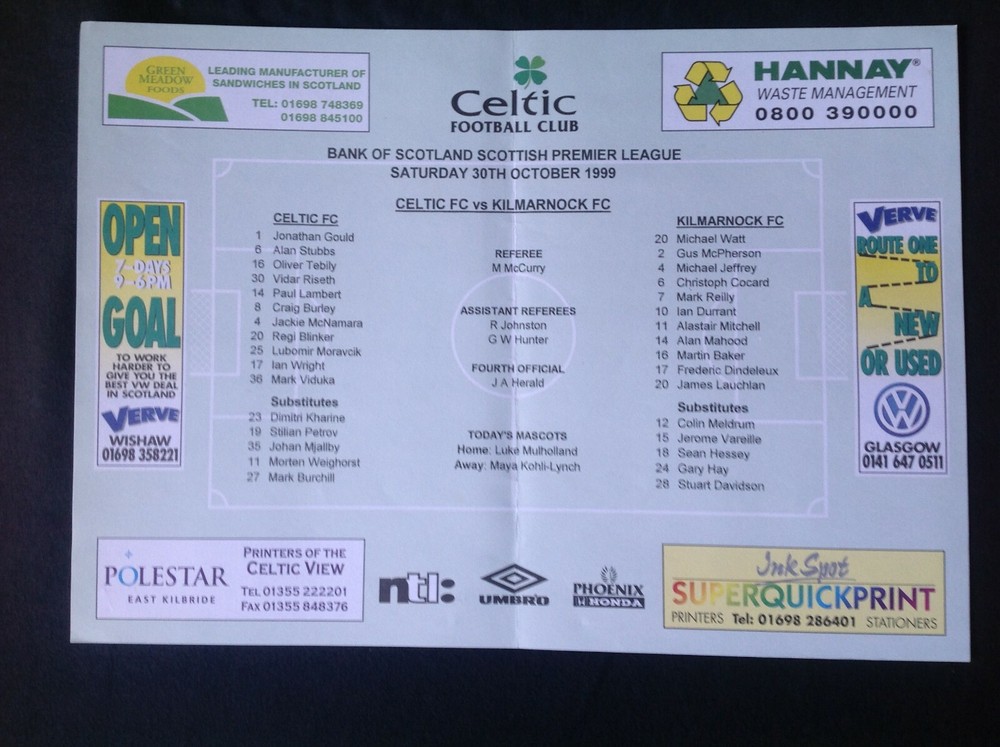 1999/0 Celtic v Kilmarnock October teamsheet