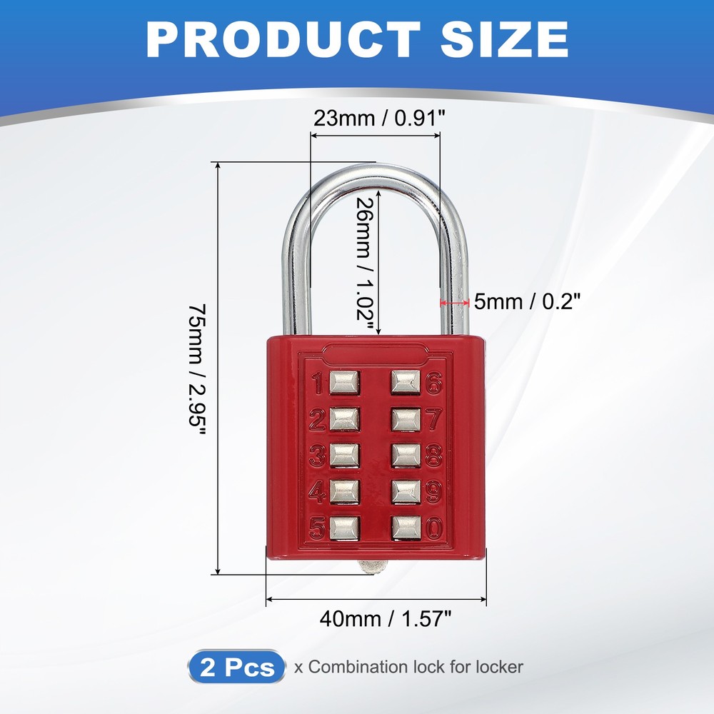 2Pcs Push Button Combination Padlock 10-Digit 5-Position Lock Red