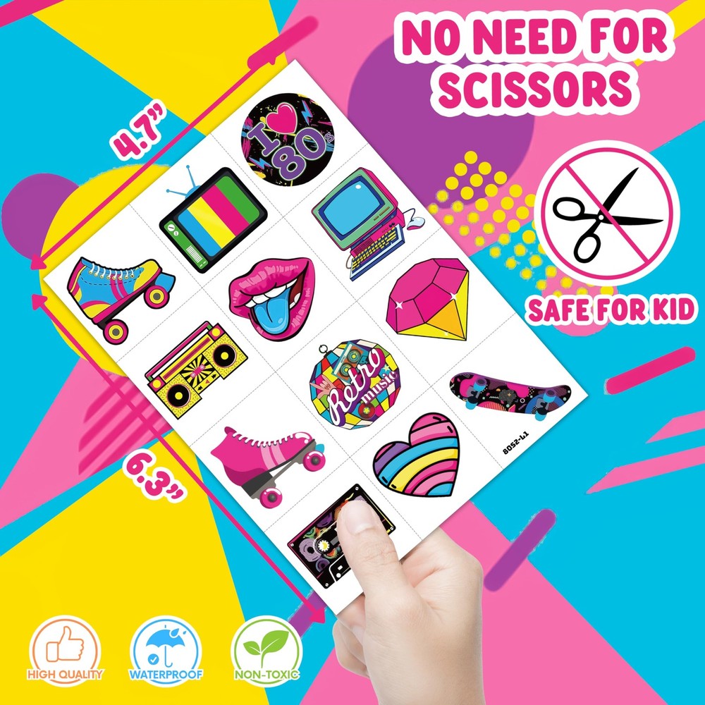 96 PCS 80s Pre-Cut Temporary Tattoos Sticker Roller Skate Small, Normal