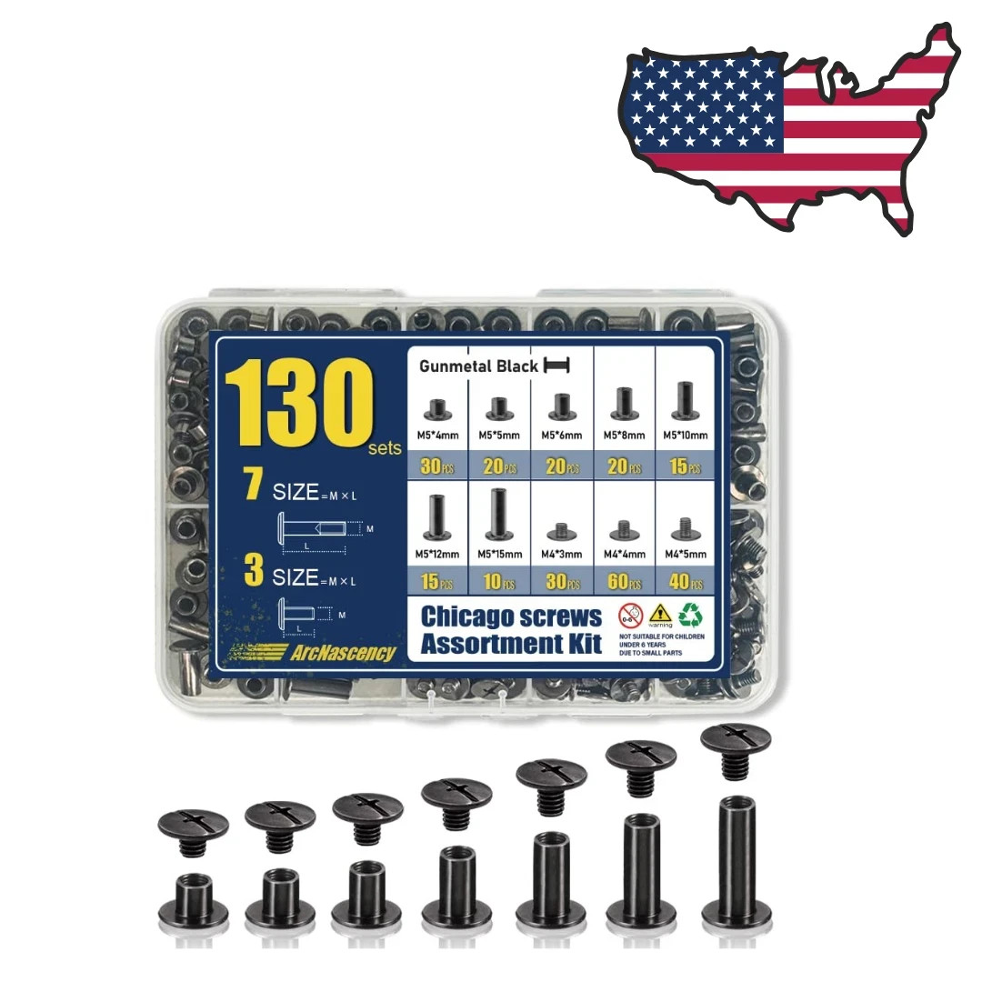 130 Sets Black Chicago Screws Kit M4 M5 Binding Rivets for Leather Belt Book DIY