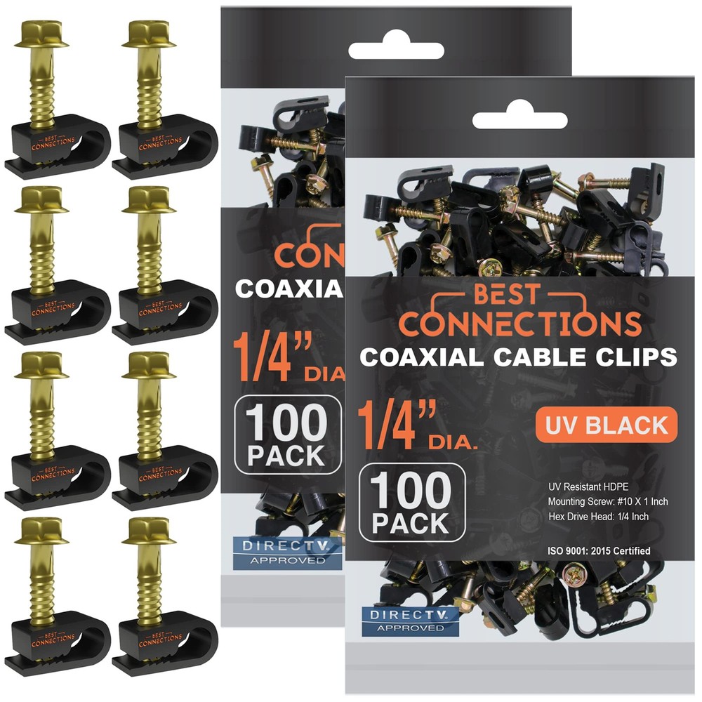 Coaxial Cable Clips with Pre-Inserted Screw (200 Pack) – Black Single Cable M...