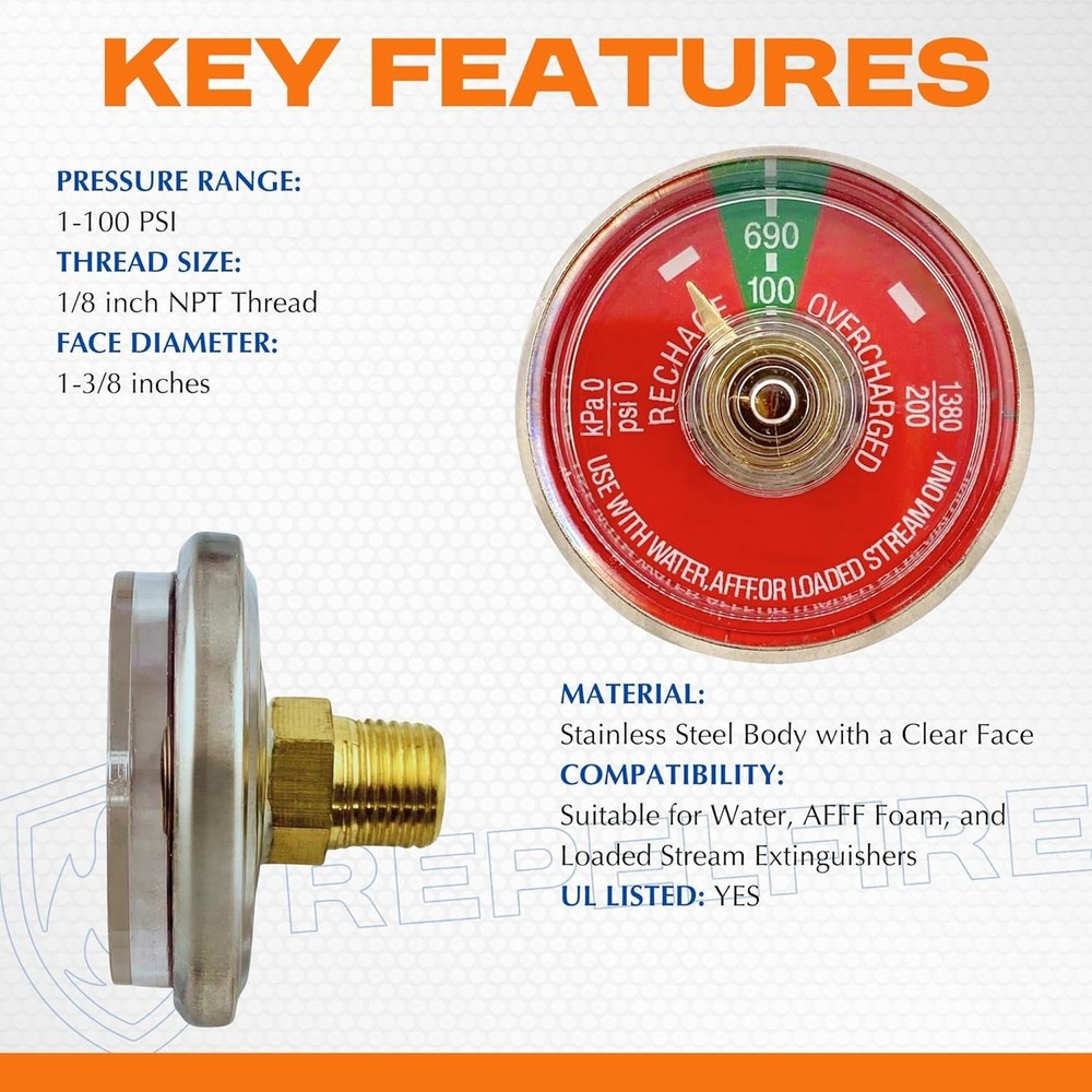 Durable 100 PSI Replacement Pressure Gauge for Fire Extinguishers