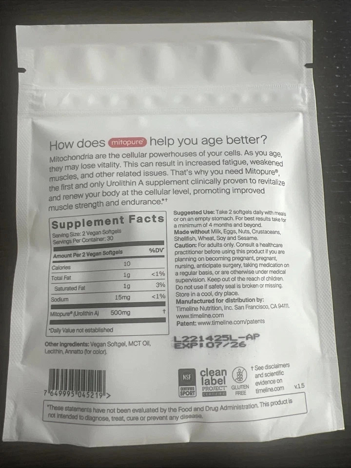 Time-Line Longevity Supplement Mitopure Urolithin A 60 Softgels 07/27