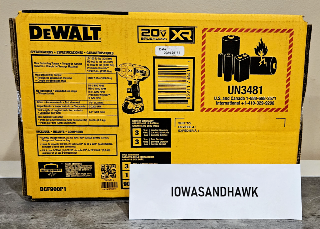 DeWalt 20v Brushless XR 1/2" High Torque Impact Wrench Hog Ring Anvil DCF900P1