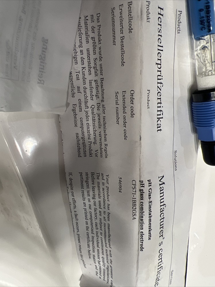Endress & Hauser PH Glass Combination Electrode CPS71-1BB2GSA