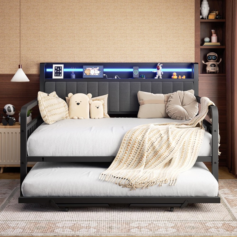 Full Bed Frame with Upholstered Storage Headboard & Charging Station Black Led