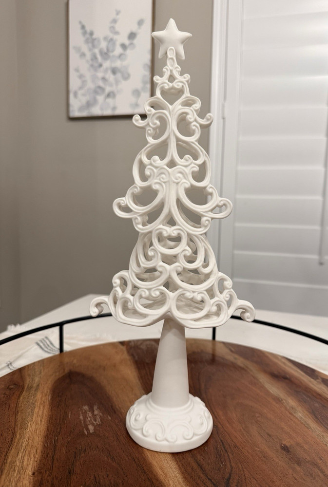 White Ceramic Christmas Tree Intricate Scroll Design