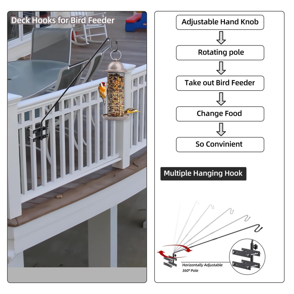 Deck Hook-Bird Feeder Pole for Deck Railing, 29-43-Inch Adjustable Bird Feeder.
